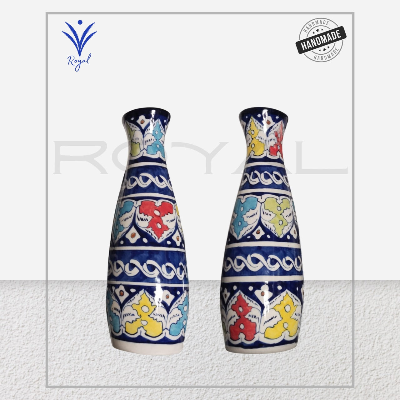 Handmade Ceramic Multani Blue Pottery Bottle Vase Set โ Traditional Decorative Vases