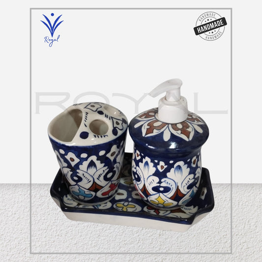 Handmade Ceramic Multani Blue Pottery Wash Besan Set – 3 Piece Traditional Kitchenware
