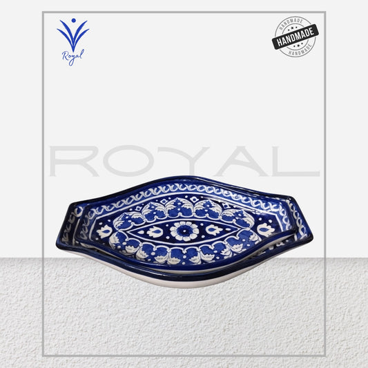 Handmade Ceramic Multani Blue Pottery Rice Tray – Oval Shape Serving Dish