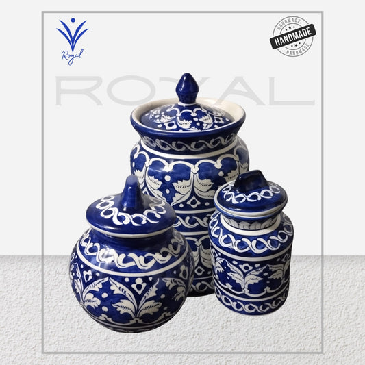 Handmade Ceramic Multani Blue Pottery Jars Set – Traditional Kitchen Storage Containers