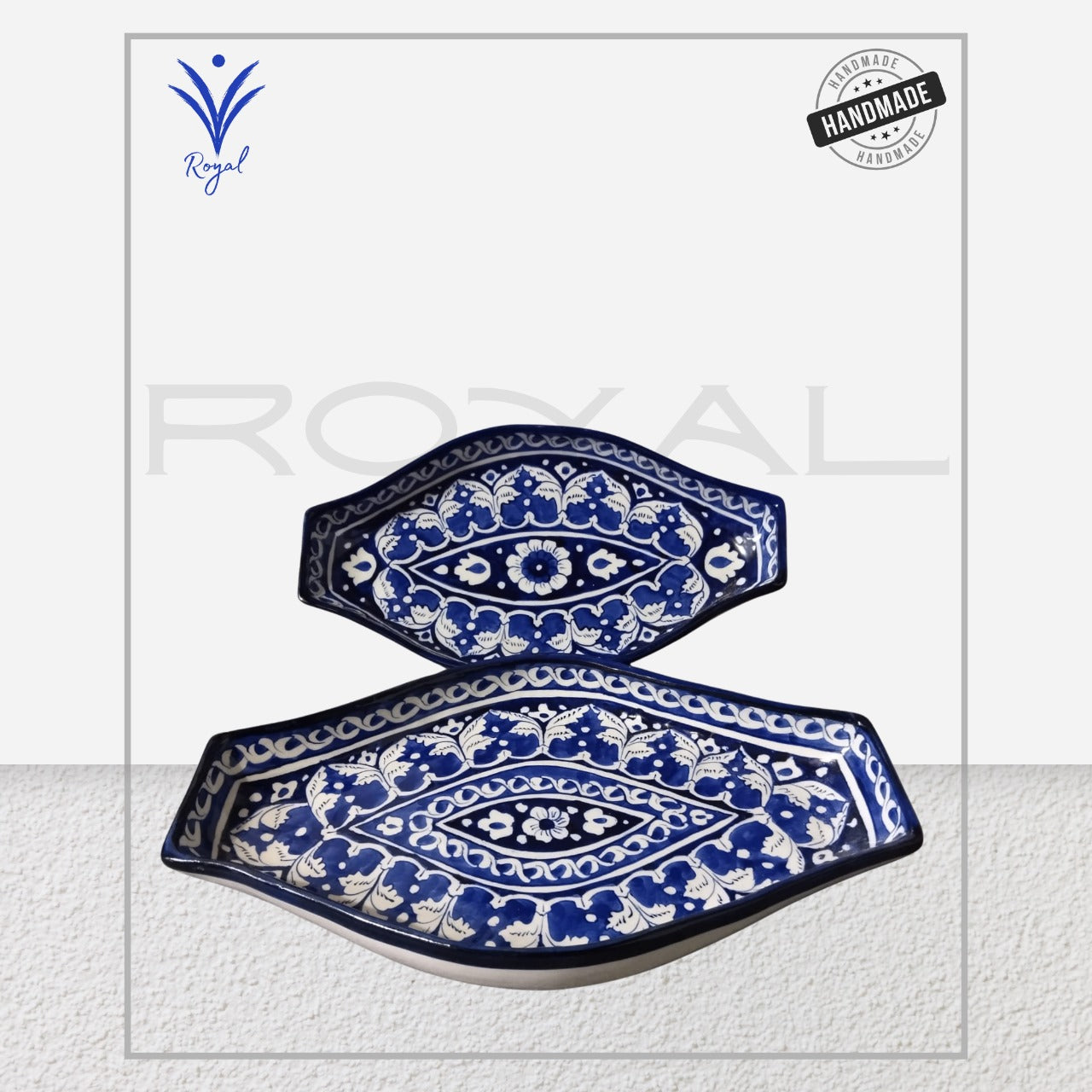 Handmade Ceramic Multani Blue Pottery Rice Tray – Oval Shape Serving Dish